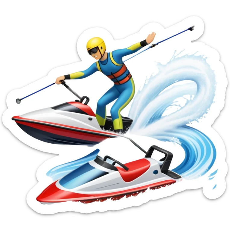 An icon featuring a close-up collage of water skis, splashing water, and a speedboat pulling the skier across the surface. The design highlights the motion of the skis cutting through the water and the boat’s wake. Transparent background emphasizes the thrill of water skiing. sticker