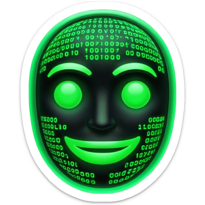 Cyberpunk emoji formed from cascading green Matrix symbols, neon glow, dark futuristic background, smooth rounded design, 3D style, high contrast, cinematic lighting. sticker