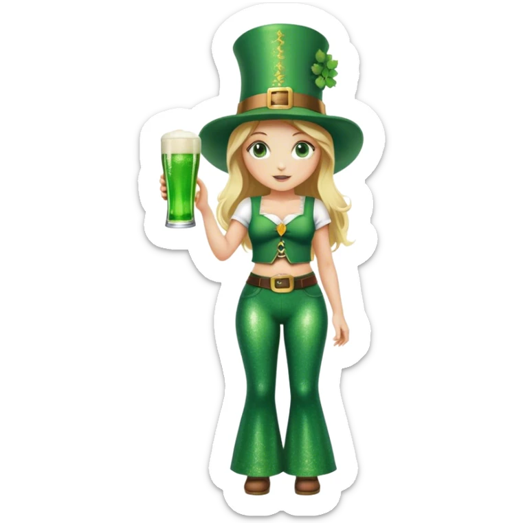 Blonde haired girl in glittery green bell bottoms and tall leprechaun hat holding a green beer sticker