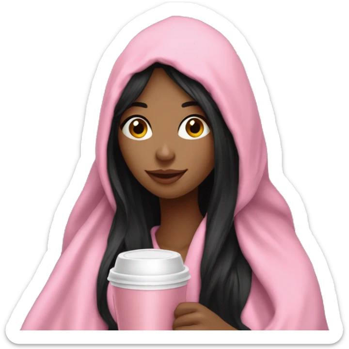 very long black hair pretty girl in a pink blanket sipping coffee sticker