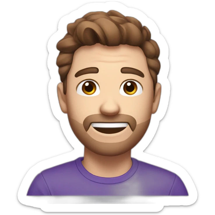 Twitch emote, white male blue eys brown hair, speach bubble saying hi, purple shirt sticker