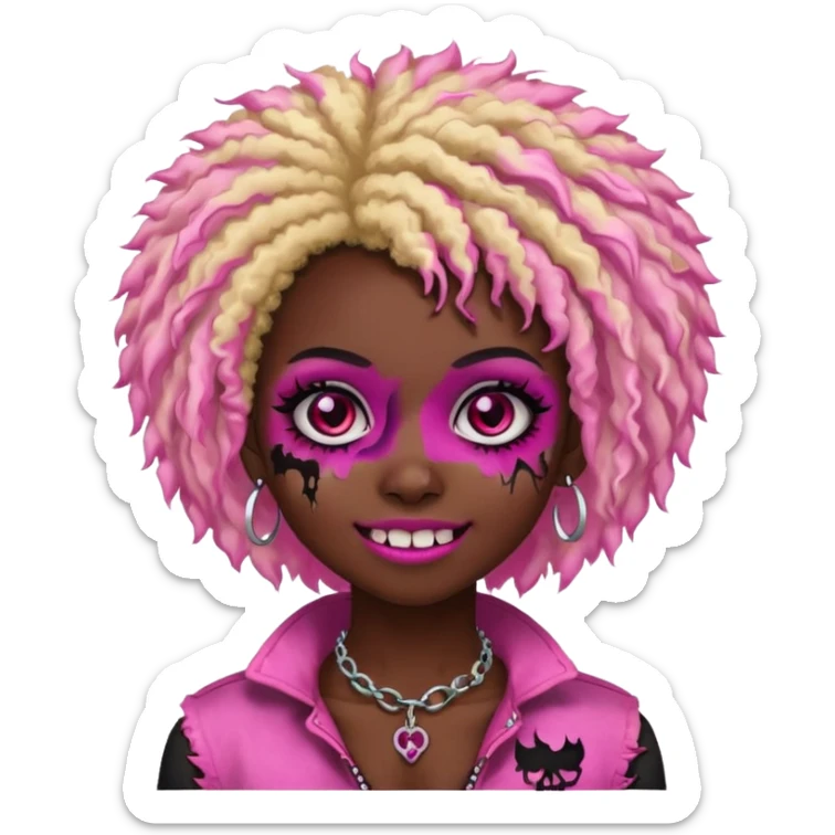 girl, zombie,pink and blonde afro, medium long, emo, shaggy, dark, spooky,double eyebrow dermal piercing, cute illuminous smile sticker