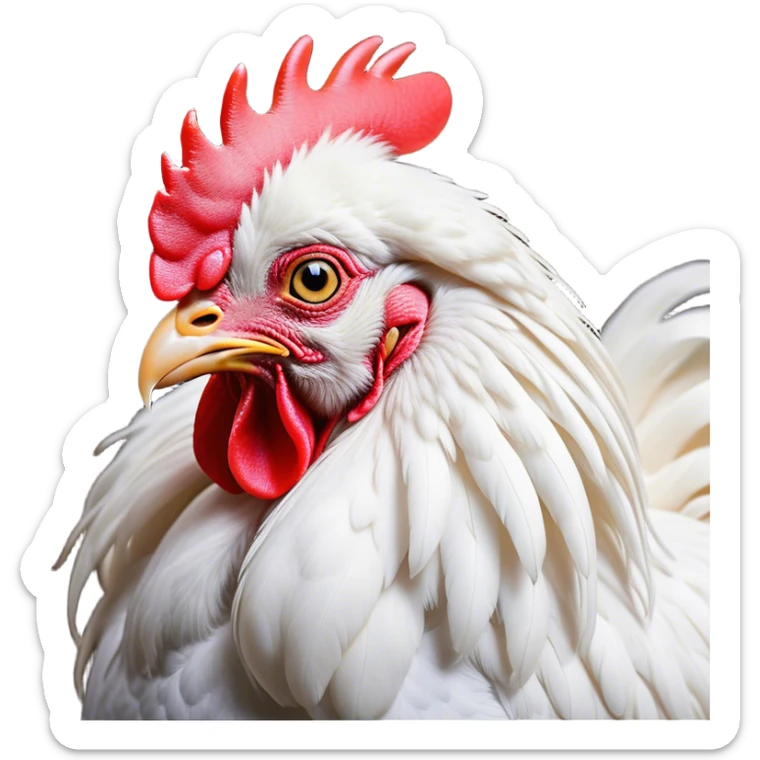 Cinematic Noble White Rooster Portrait Emoji, Poised and regal, with a robust, commanding build and a pristine, well-groomed pure white plumage, deep-set soulful piercing eyes, Simplified yet sharp and sophisticated features, highly detailed, glowing with a soft, dignified glow, high shine, intelligent and proud, stylized with an air of barnyard majesty, focused and attentive, soft glowing outline, capturing the essence of a watchful and confident leader, so majestic it feels as though it could crow out of the screen with effortless authority! sticker