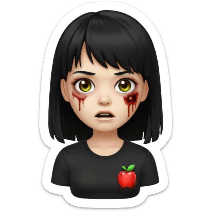 uma garota zumbi no formato Memoji da apple com o cabelo cumprido, preto liso e com franja, blusa preta sticker