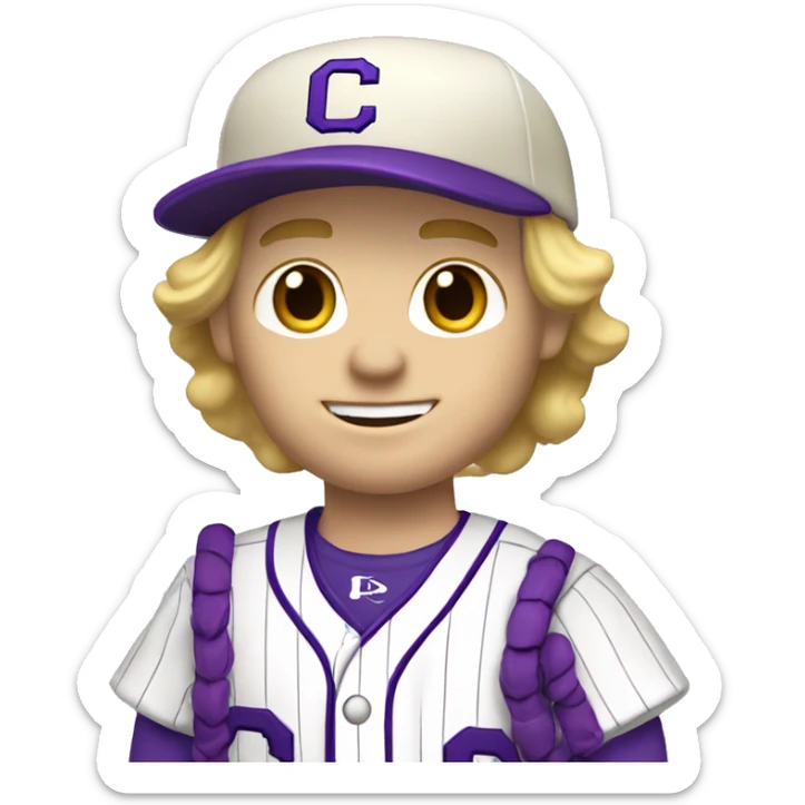 baseball card character. white male. blonde hair letter C logo. Purple and white uniform.  sticker