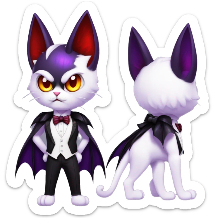 Cute-Evil-Vampiric-Batty-Cat-Black-Purple-Red-Yellow-Contrast-Colors-Fantasy-Fur-Sona-Chibi-Shiny-Fakémon-Hybrid with horns and big fangs neck bow white tie leg spats full body sticker