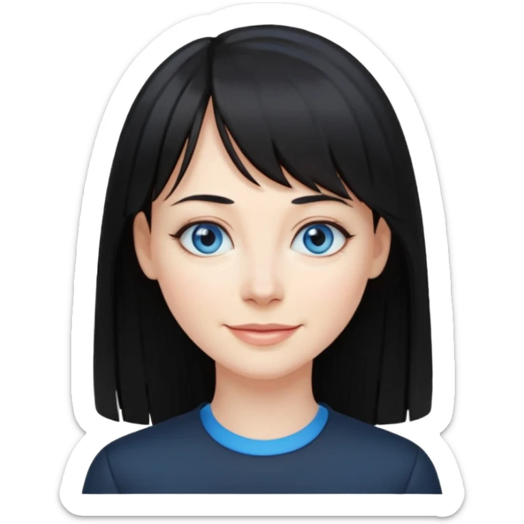 40 yr old woman long straight black hair, pale skin, blue eyes, black clothes, small smile, bangs sticker