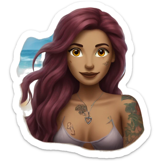 Beautiful tattooed burgundy long haired woman laying on the beach sticker