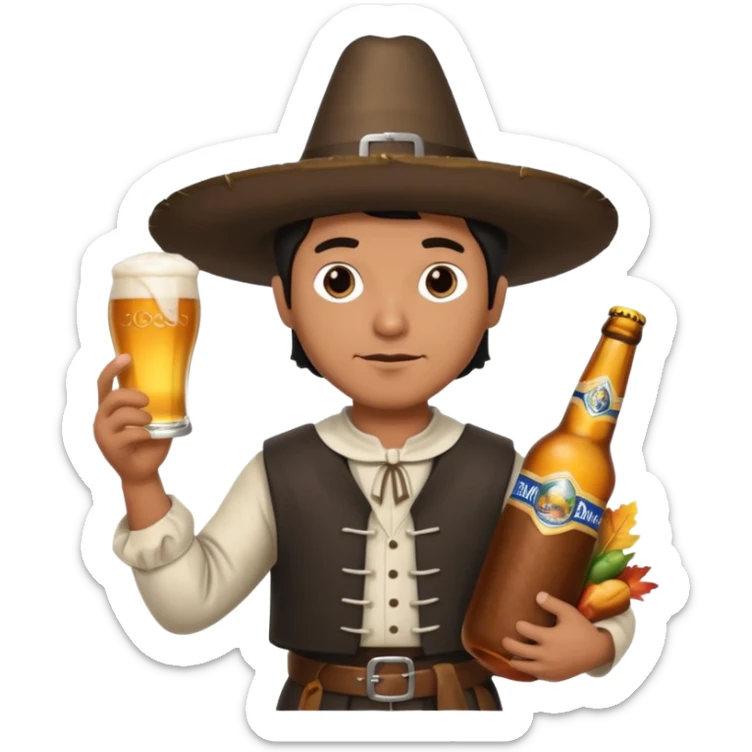 Mexican man dressesd as a Thanksgiving Pilgrim  holding a Turkey drumstick and a Corona beer sticker
