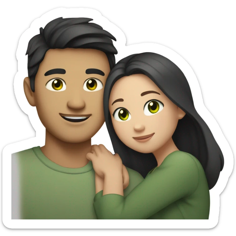 Light skin Asian male with undercut straight black hair and white female with green eyes and long brown wavy hair tightly hugging each other  sticker