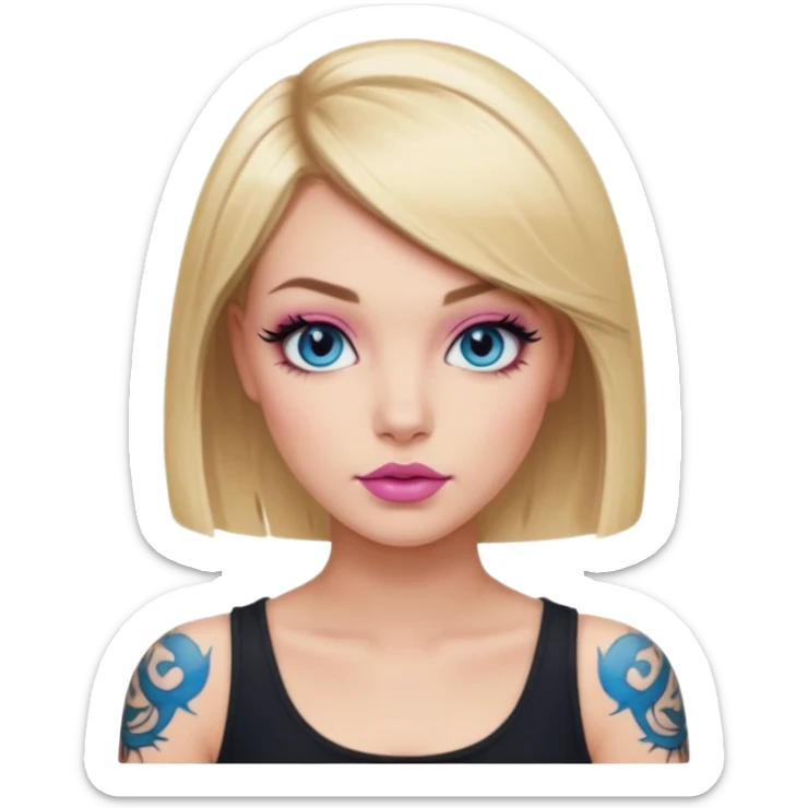 Woman, Blonde hair Medium blunt bob, blue eyes, smokey eyes with doe lashes, pink lips, tattoo on arms, wearing black sticker