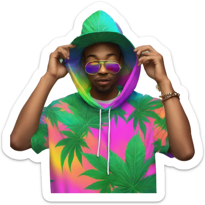 Hemp leaves Multicoloured neon person smoking wearing hoodie dancing hip hop bucket hat tropical Skater fashion aesthetic baggy clothes graphic t shirt 420 sticker