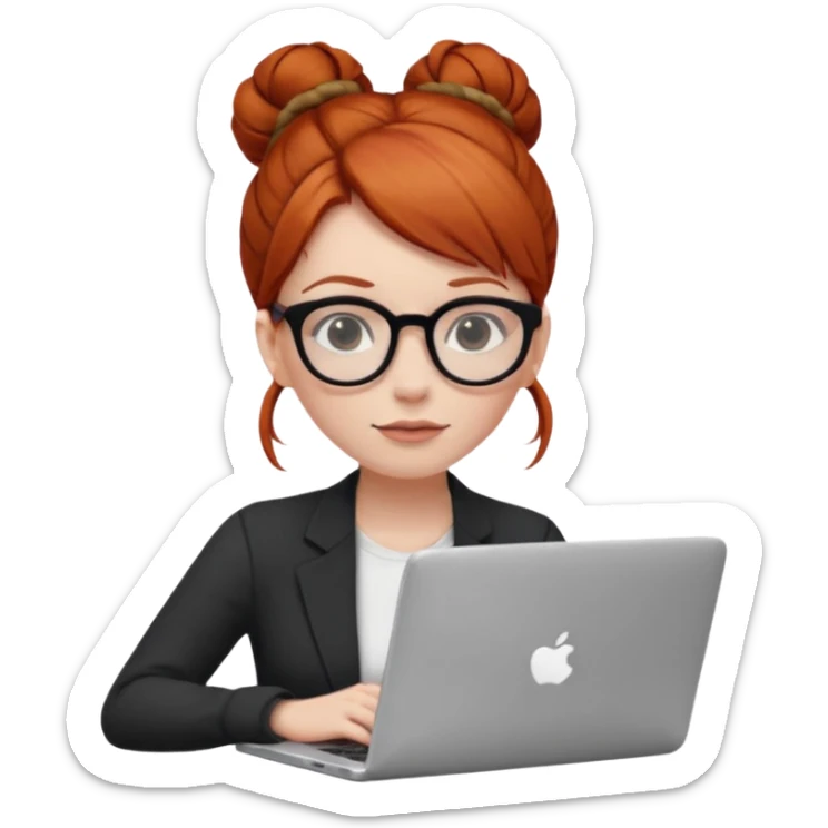 hair in a bun redhead female with glasses focused on a laptop sticker