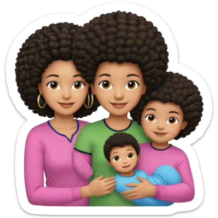 Polaroid photo with a Black woman with an afro hairstyle and a green blouse, two children: a boy with straight hair and a blue shirt, and a baby girl in a pink shirt. All are smiling. sticker