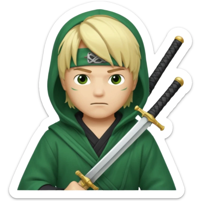 Green ninja Lloyd garmadon blonde hair, kaptur hoody on his head but blonde grzywka visible; the bottom left one is best (the one without miecze + black band + no mask of face) but add miecz; I want no band on head  sticker