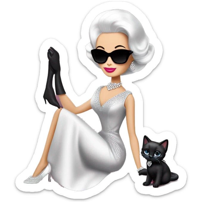 White Diamonds Elizabeth Taylor Barbie. Morticia Addams.Satin dress, opera gloves,pumps, bracelet, earrings, sunglasses Cuddling up with Slippers the kitten. sticker