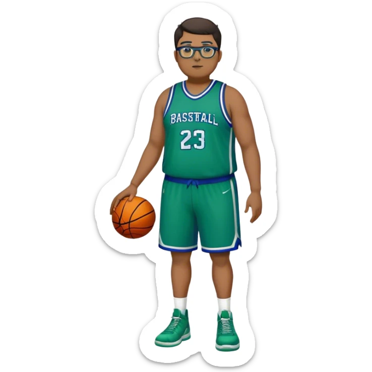 Full Body plus size tall white male with dark short hair basketball player wearing glasses wearing blue  with green uniform sticker