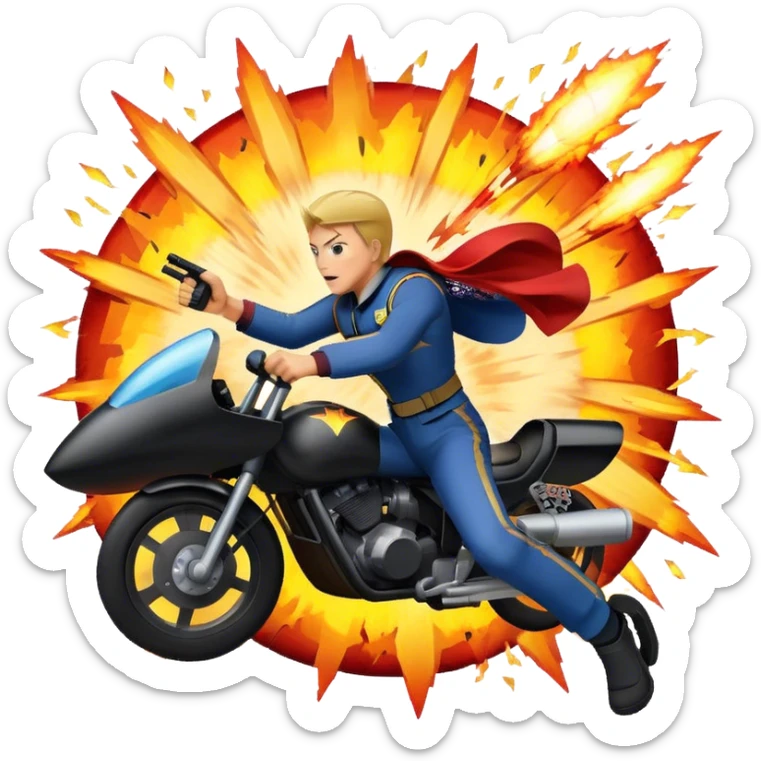 Icon for Action Movies: A photorealistic, vibrant collage in the style of a movie poster, featuring intense action scenes—explosions, high-speed chases, and dramatic close-ups of characters in combat. The design should capture the adrenaline-pumping energy of action films. Transparent background. sticker