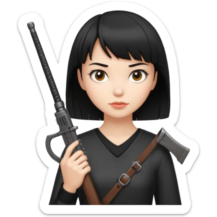Hace un emoji de una chica de pelo corto negro y fleco finito , con un arma  sticker