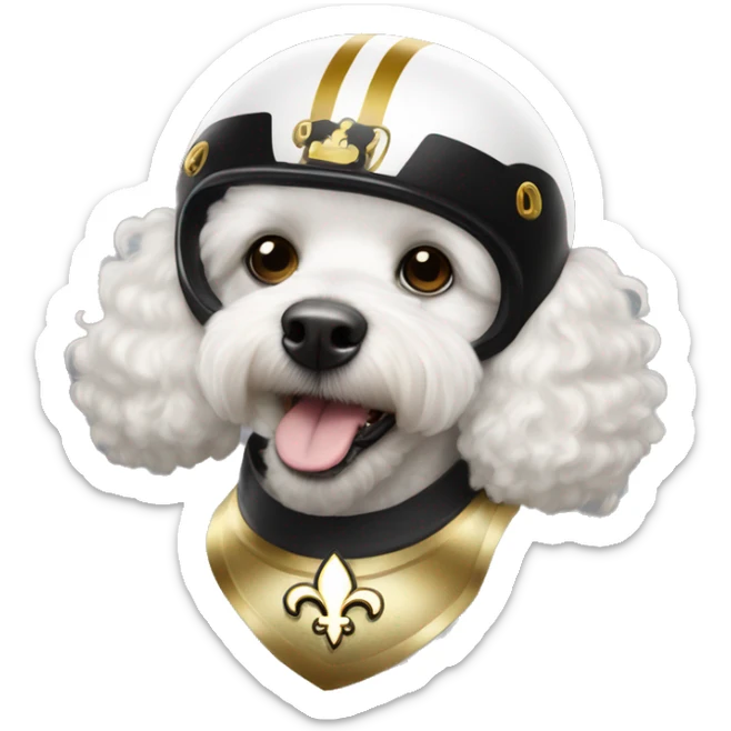 White poodle wearing a black football helmet with gold stripe and gold fleur de lis emblem sticker