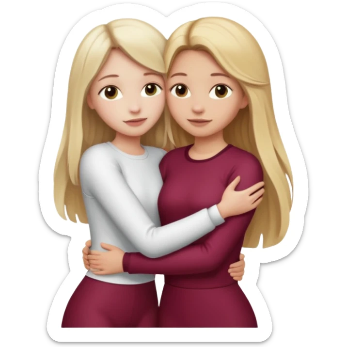 two girls who hug eachother. one has long dark blonde hair with blonde highlights and very pale skin , other has medium skintone and blush and medium blonde hair. girl with long dark blonde hair is wearing a white outfit and girl with blonde hair is wearing a burgundy outfit sticker