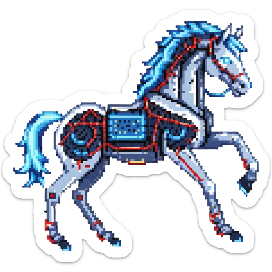 fast electric horse made of electricity, metal plates, bolts, visible blue and red wires, lightning coursing through its body, cybernetic sticker