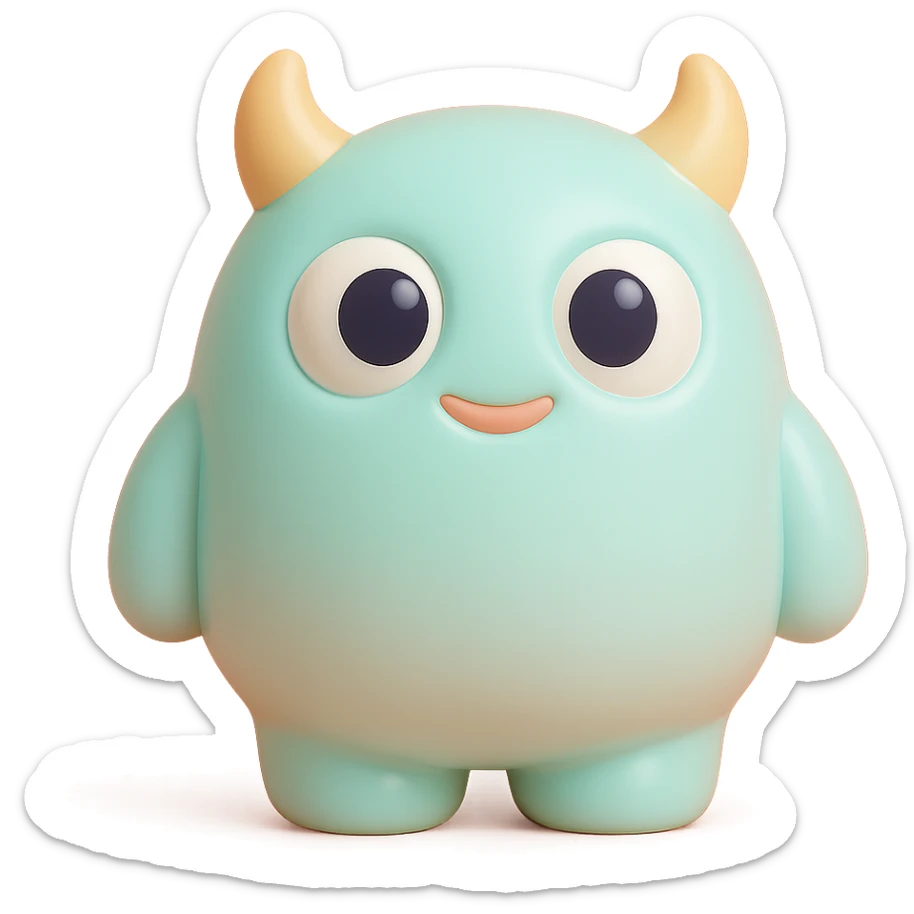 cute monster with round body, big eyes, small horns, pastel colors, toy-like sticker