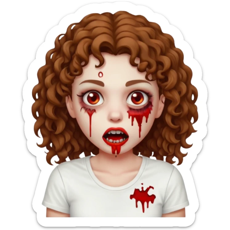 Zombie girl with curly brown hair como emoji de iphone y con la boca un poco lastimada haz que tenga una simple remera blanca puesta pero que sea zombie  sticker