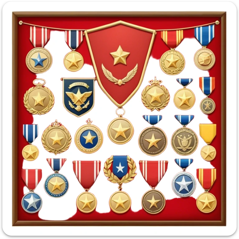Icon for Collecting Orders, Medals & Badges: a variety of vintage orders, medals and badges, displayed neatly on a big red pennant or in a display case. The icon should reflect the honor and historical significance of these collectible items. Transparent background. sticker