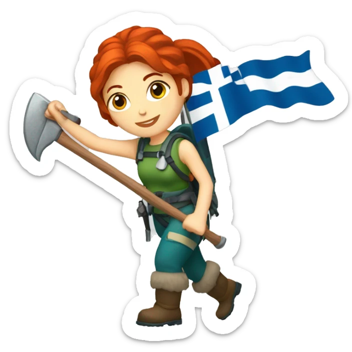 female mountaineer red hair holding ice axe and greek flag sticker