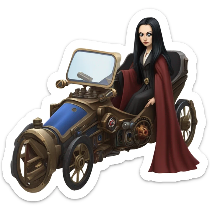 Jedi teen Morticia Addams flying a red and blue Zephyr-J  powered by an imperial speeder steampunked  sticker