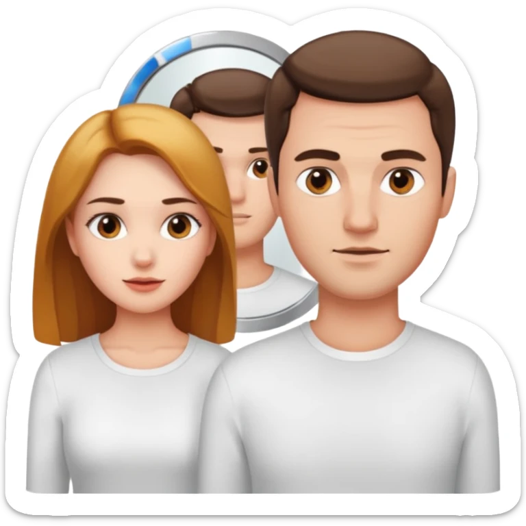 Woman in front. Man in mirror. The man and the woman look similiar. They are directly looking at each other sticker