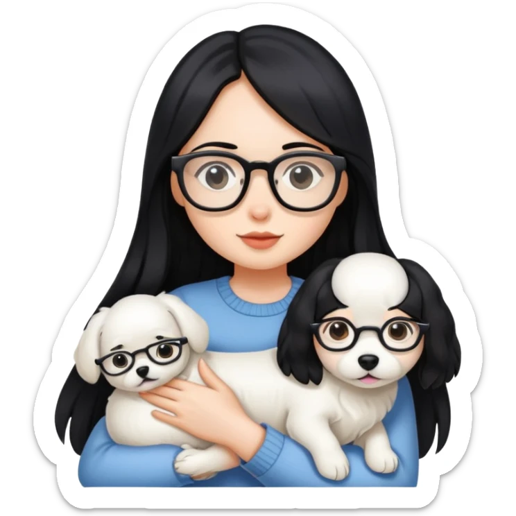 A girl with long black hair and glasses holding a white dog sticker