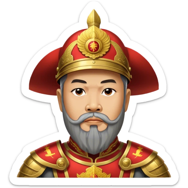 ​Cinematic Realistic Portrait of Trần Hưng Đạo, depicted as a revered Vietnamese general with his characteristic traditional Vietnamese beard and historic armor, his determined gaze illuminated by dramatic historical lighting that evokes his legendary martial spirit and leadership, sticker