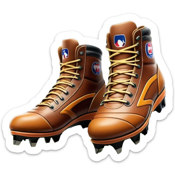 Cinematic Realistic image of a pair of AFL boots, showcasing detailed leather stitching and a rugged sole with fine cleat impressions, captured against a blurred stadium background with high-energy, dynamic lighting sticker