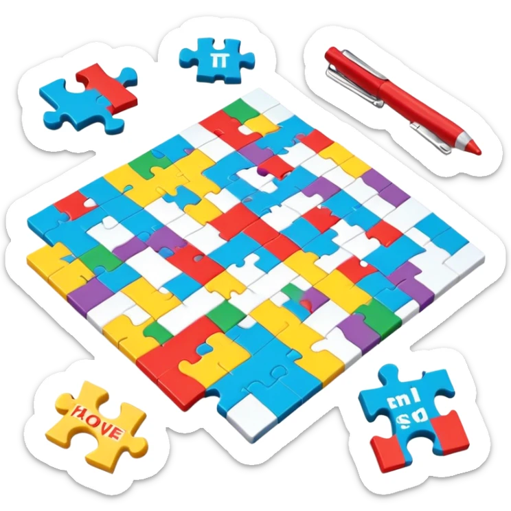 A photorealistic icon with a colorful, fragmented puzzle piece, a crossword magazine, a 3D puzzle, and a partially completed puzzle on a table. Bright, detailed design with realistic lighting. Transparent background, clearly symbolizing puzzles and brain games. sticker