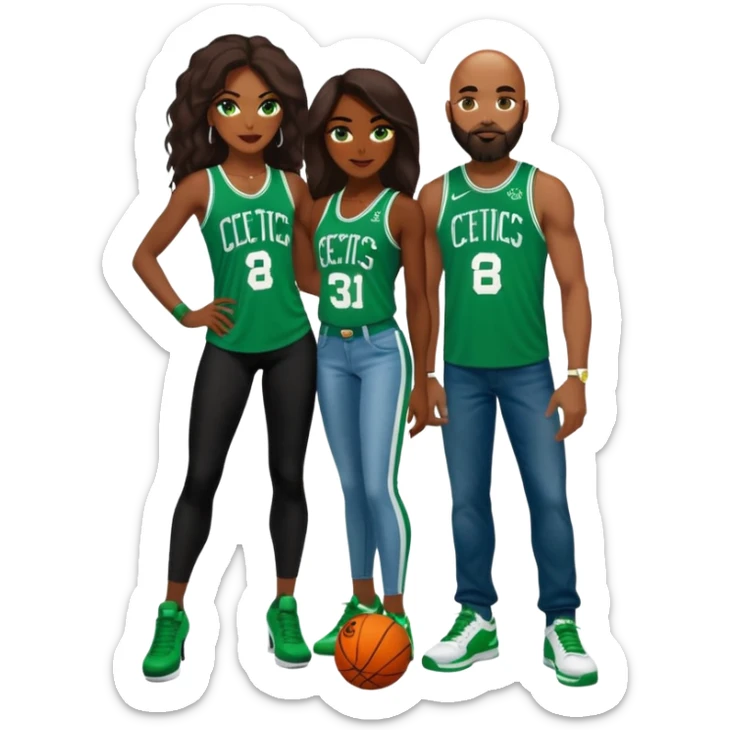 48-year-old dark skin black woman with brown eyes, long dark brown hair dressed in sexy 
celtics jersey costume outfit wearing stilettos. A white bald White man with orange beard and has blue/green  eyes, wearing a Jason Tatum Boston Celtics Jersey, jeans & green Nike sneakers  sticker