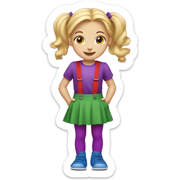 A little blonde girl with pigtails and little purple bows wearing a red long-sleeved shirt and purple overalls skirt with blue tights with green polka dots and purple sneakers. sticker