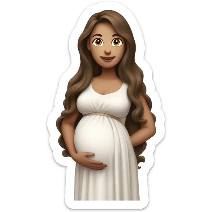 A pregnant woman with long brown hair, wearing a white flowing dress sticker