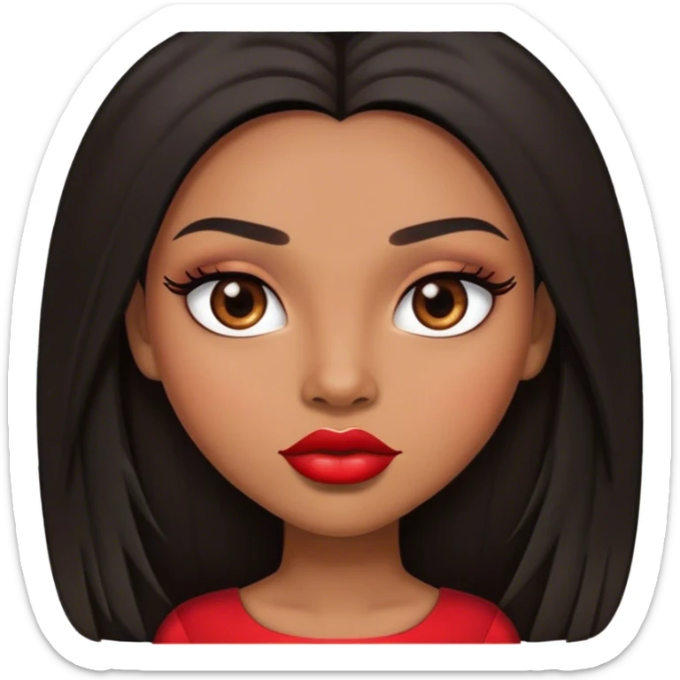 light brown skin tone, very beautiful woman, with big plump lips, long long lashes, black long straight hair, brown eyes, red dress sticker
