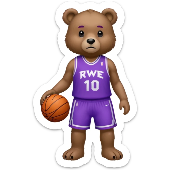 Bear with full body and wearing basketball white and purple jersey that says RWE  sticker