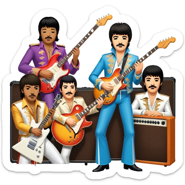 Rock music icon: dynamic collage of global rock legends like The Beatles, Jimi Hendrix, Elvis Presley, Freddy Mercury and Curt Cobane, surrounded by guitars, amplifiers, and stage lights. Symbolizing the energy and power of rock music. Transparent background. sticker