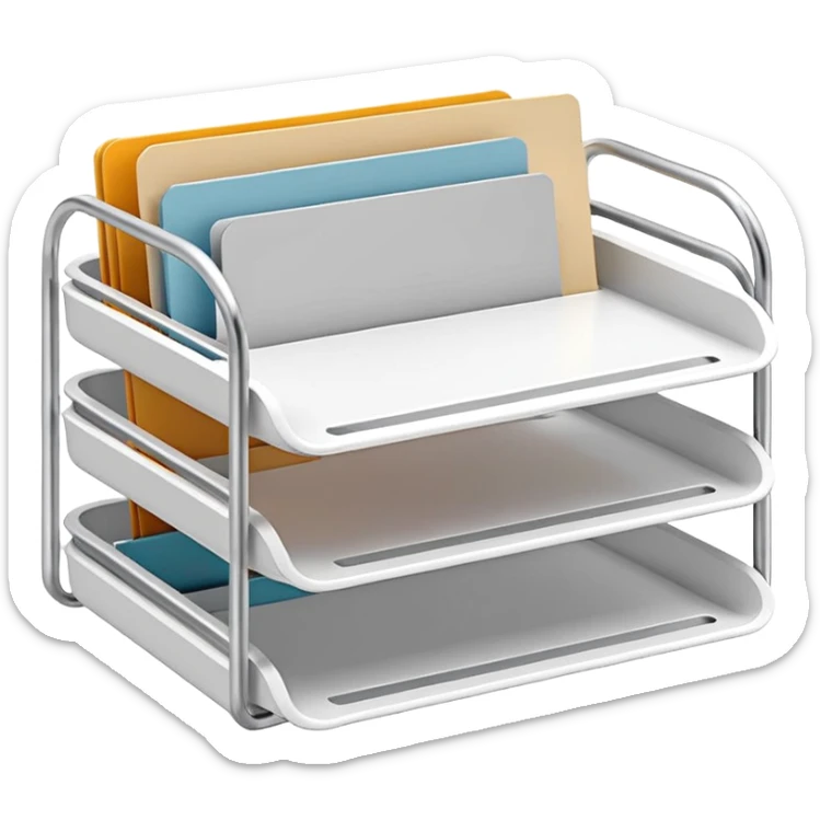 A minimal, clean emoji-style illustration of a white metal desk paper organizer tray, shown in slight isometric view so its structure is readable at a small scale. The organizer is rectangular with rounded corners, made of thin white metal wires, forming two to three stacked horizontal slots.
 sticker