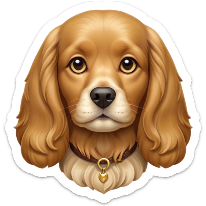 Cinematic Noble Gold Cocker Spaniel Portrait Emoji, Poised and regal, with a medium build and a lustrous, well-groomed golden coat, deep-set soulful brown eyes, Simplified yet sharp and sophisticated features, highly detailed, glowing with a soft, dignified glow, high shine, intelligent and loyal, stylized with an air of elegance, focused and attentive, soft glowing outline, capturing the essence of a watchful and confident companion, so majestic it feels as though it could trot out of the screen with effortless authority! sticker