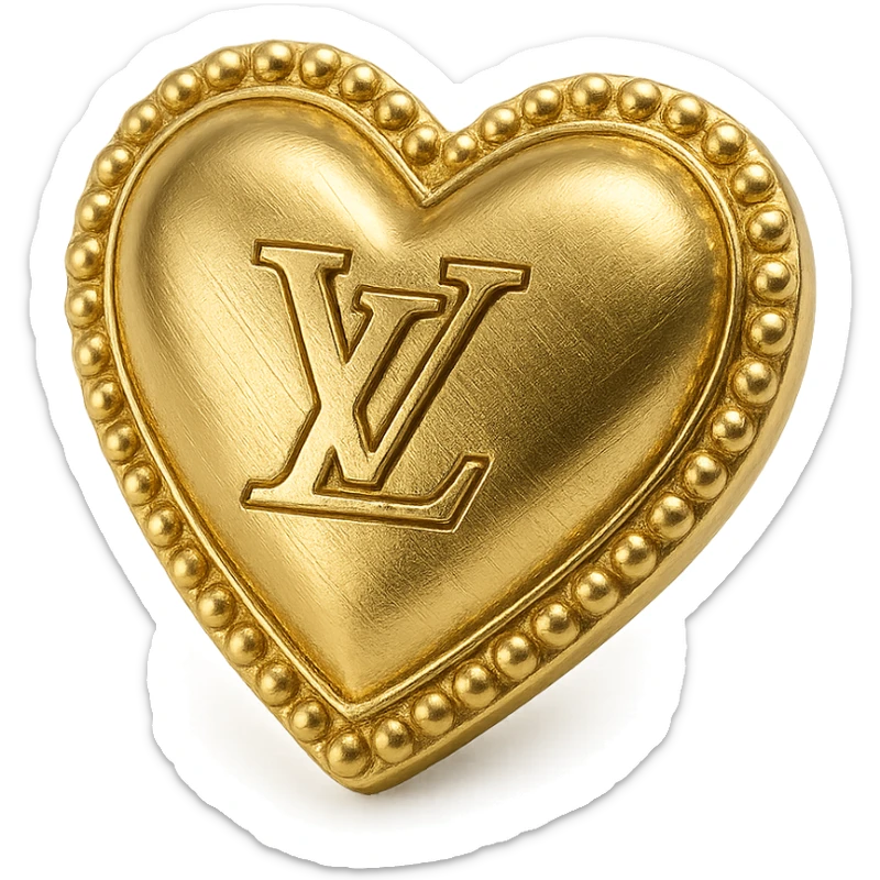 Elegant heart in metallic gold with a pearl border, Louis Vuitton LV at the center, classic luxury sticker
