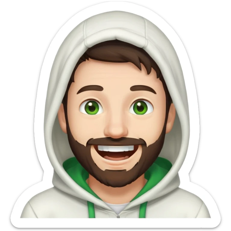 laughing guy with white hoodie, green eyes, dark brown hair and a short full beard sticker