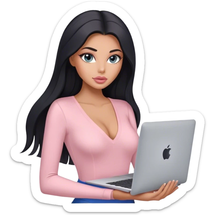 Glamours, tanned, very beautiful girl, with big pump peach-beige-rose lips, long lashes, black straight smooth silky long hair, straight parting hair, blue-grey eyes, in light-pink v-neck bodysuit holding MacBook sticker