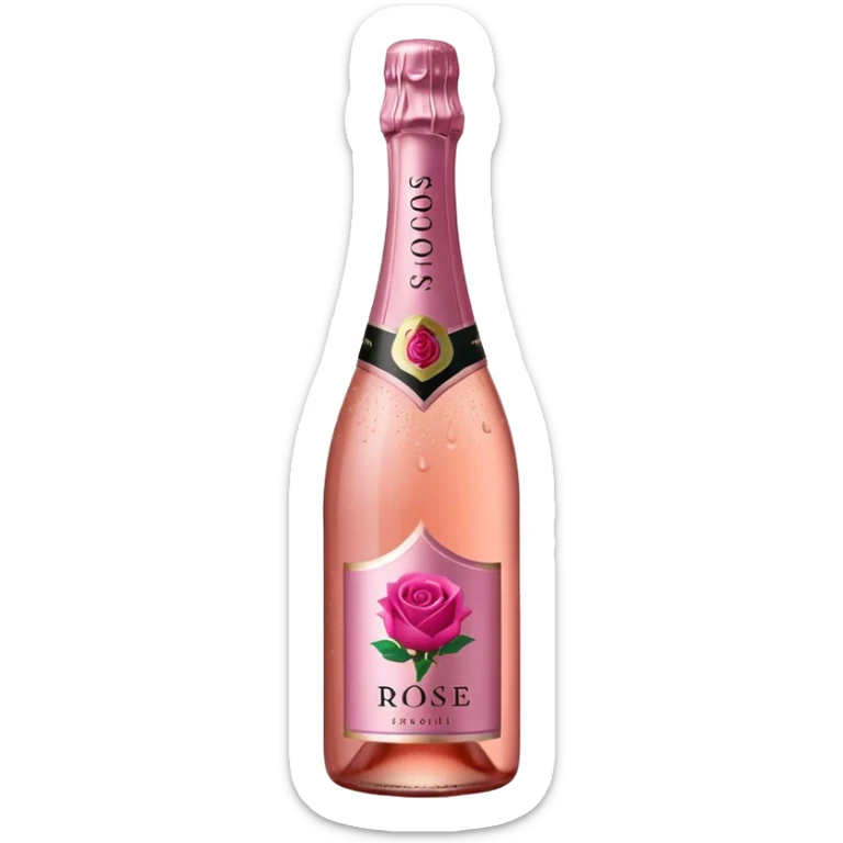 bottle of sparkling rosé with a rose logo on the label, angled to the left, no glass sticker