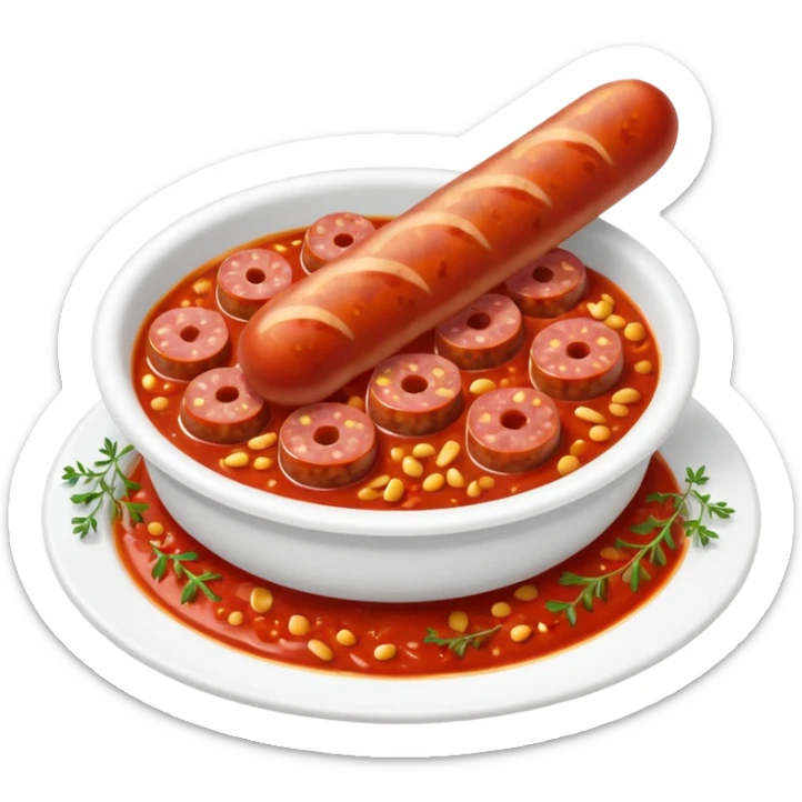 emoji of Rougail saucisse meal. Typical Reunion island meal. Sliced sausage in tomato sauce with thym  sticker