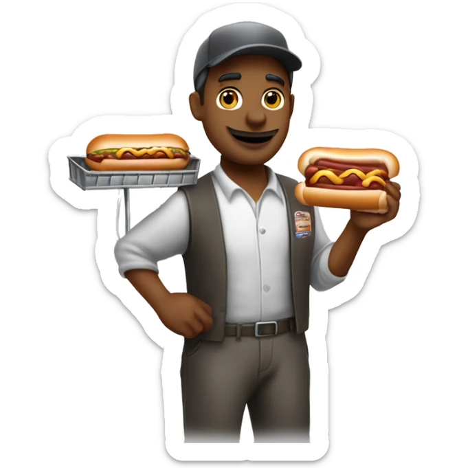 hot dog vendor holding a hot dog in his hand with a cart sticker